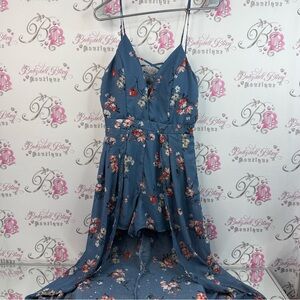 Crystal Doll romper high low draping fabric shorts floral flowers Blue Dress
